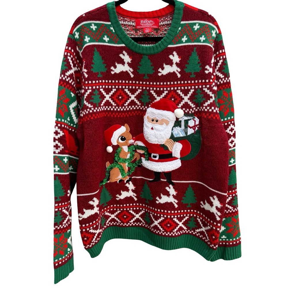 Rudolph Red-Nosed Reindeer Ugly Christmas Sweater Santa XL Red Fair Isle Kitschy